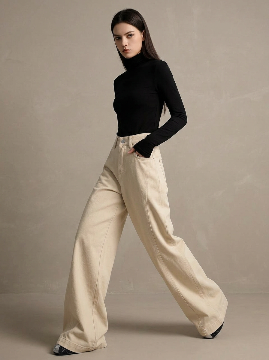 Y2K French Retro Wide Pants — Light Apricot