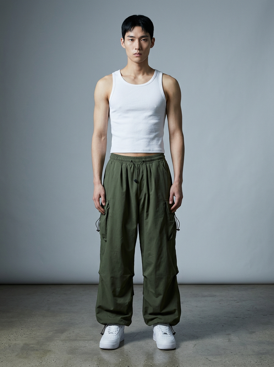 Olive Cargo Parachute Pants