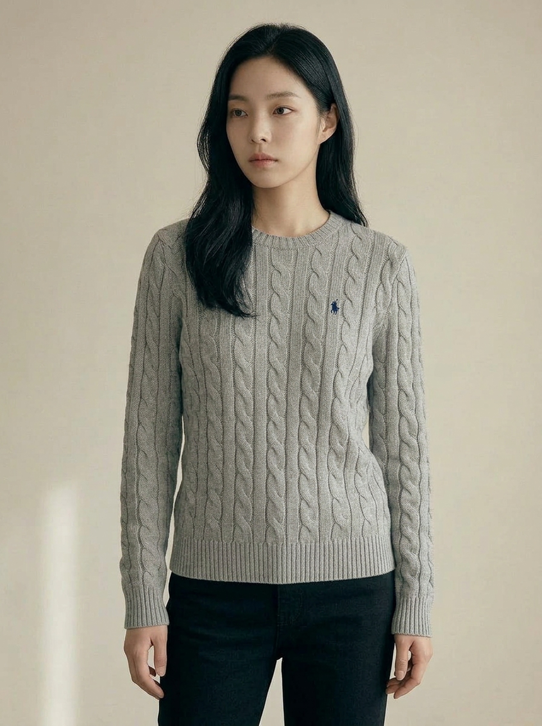 Polo Cable Knit Sweater — Heather Grey