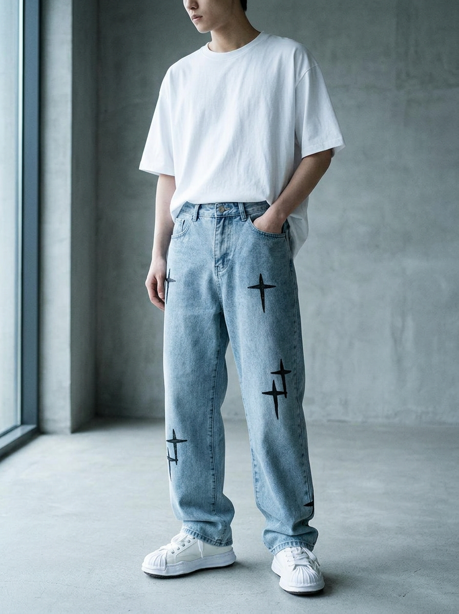 Star Cross Print Baggy Denim