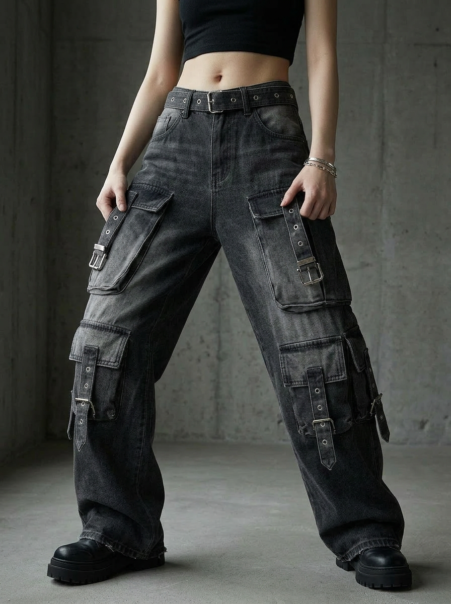 Gothic Buckle Cargo Wide Denim