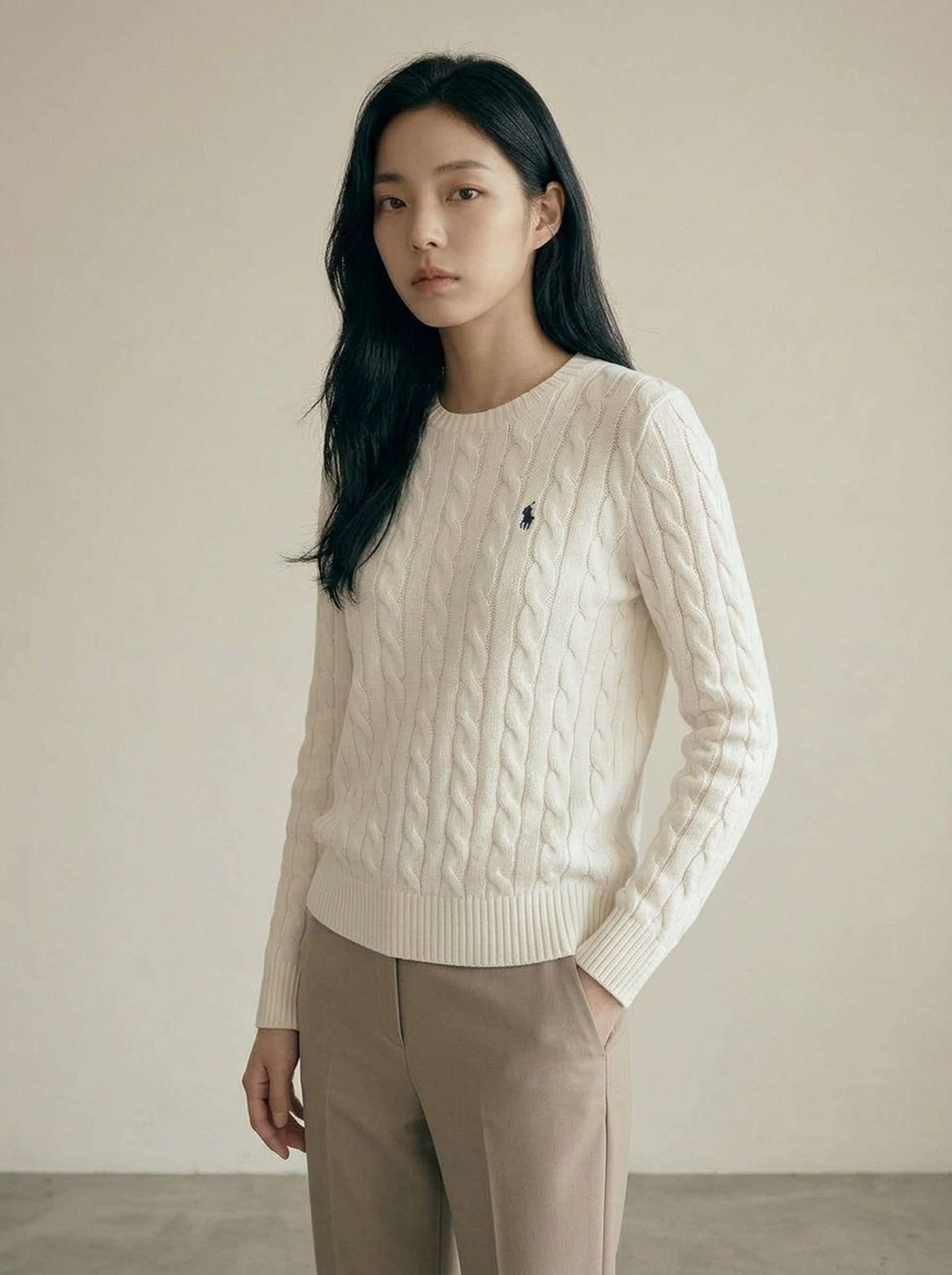 Polo Cable Knit Sweater — Cream White